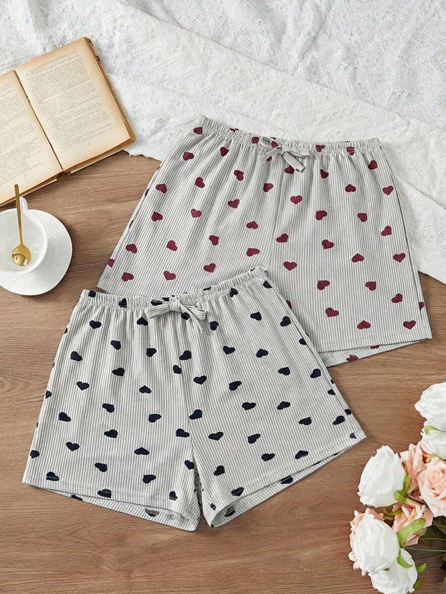EURMUSE Bộ đồ ngủ nữ bằng cotton 2 mảnh, quần short giả dây rút họa tiết trái tim, đồ mặc nhà thoải mái. - Nhiều màu - Xem 1