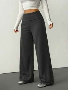 SHEIN PETITE 女士纯色翻折腰阔腿宽松休闲裤运动裤，秋冬季百搭家居服 - 燧石 - 查看 6