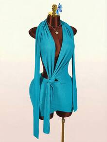 Amplova Women's Turquoise Blue Summer Textured Halter Backless Deep V Twist Knot Mini Dress Techno Night Out Club Night Club Rave Avant-Garde Asymmetrical Hem - Blue - View 7