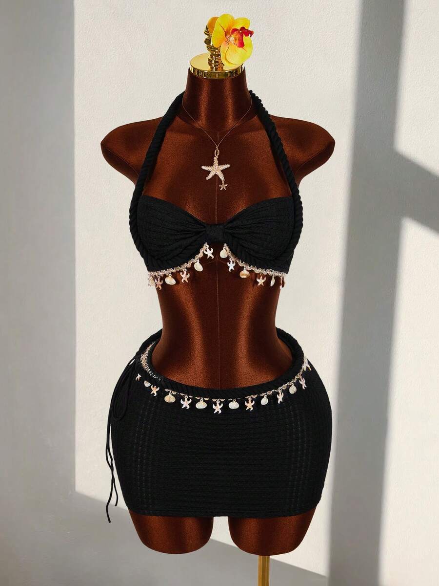 Amplova Rope, Starfish & Shell Decor Cropped Tank Top And Mini Skirt 2 Pieces Set - Black - View 1