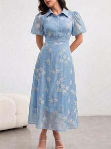 Vestido elegante de talla grande con bordado floral, para verano - Azul - Ver 8