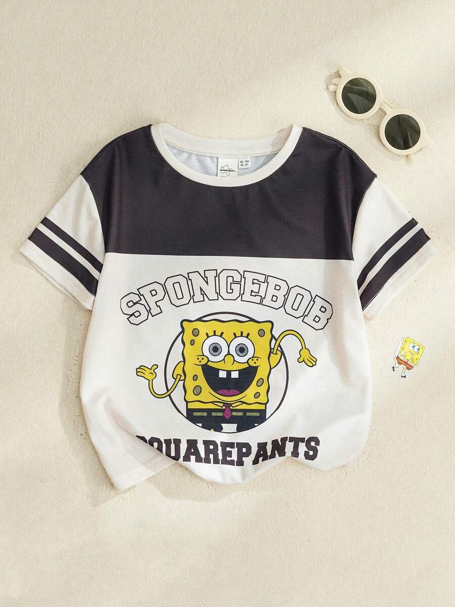 SpongeBob SquarePants | SHEIN 男童休闲圆领卡通字母印花短袖T恤，百搭日常穿着 - 白色 - 查看 1