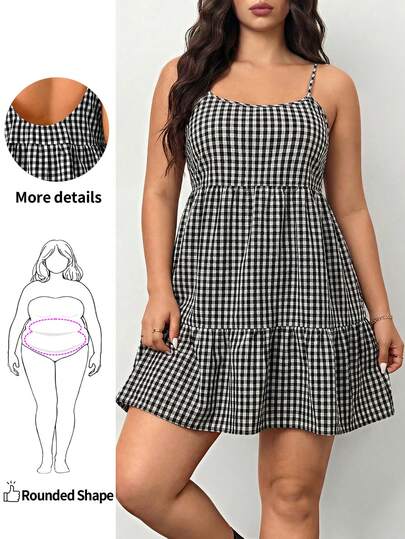 Enliva 大码女式黑白格子荷叶边下摆休闲吊带连衣裙
