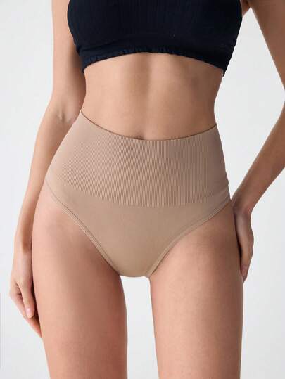 Loungeista Apricot High Waisted Rib-Knit Shapewear Panties For Women Comfy High Stretch Underwear Semi-Sheer Casual Shorts Style
