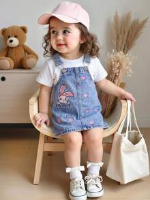 SHEIN Đầm denim màu hồng dễ thương cho bé gái, đầm dự tiệc phong cách đồng quê boho mùa xuân và hè, trang phục đi biển cho bé gái, trang phục nghỉ xuân, đầm denim dự lễ hội và tiệc tùng. - Rửa nhẹ - Xem 2
