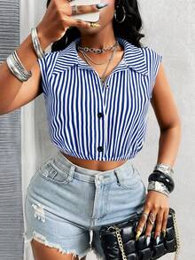 Glyssa 女士黑白条纹休闲度假日常通勤无袖露脐性感简约半开襟衬衫 - 藍色 - 查看 1