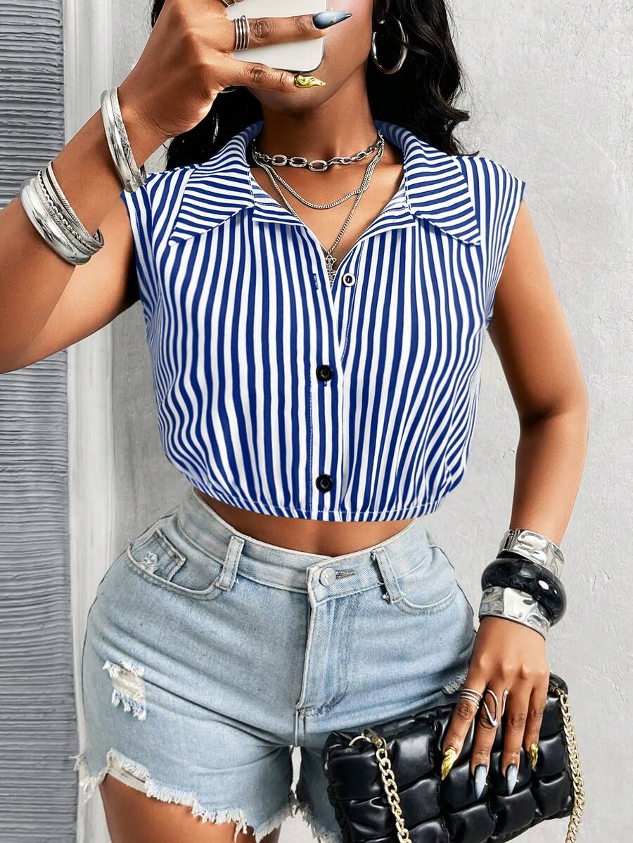 Glyssa 女士黑白条纹休闲度假日常通勤无袖露脐性感简约半开襟衬衫 - 藍色 - 查看 1