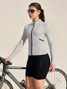 Exploreva Women's Fitted Long Sleeve Cycling Jersey With Front Zipper - Grey - View 3
