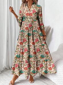 SHEIN LUNE Vintage Floral Casual Minimalist Elegant Plus Size Dress, Suitable For Vacation - Multicolor - View 1