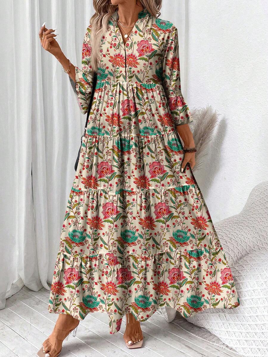 SHEIN LUNE Vintage Floral Casual Minimalist Elegant Plus Size Dress, Suitable For Vacation - Multicolor - View 1
