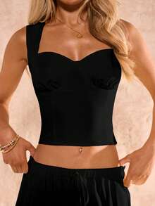 SHEIN Glamour Bộ đồ nữ thanh lịch, gợi cảm gồm áo hai dây màu vàng nhạt và chân váy xếp tầng lãng mạn, thích hợp cho kỳ nghỉ, dạo phố, hẹn hò và du lịch. - màu đen - Xem 4
