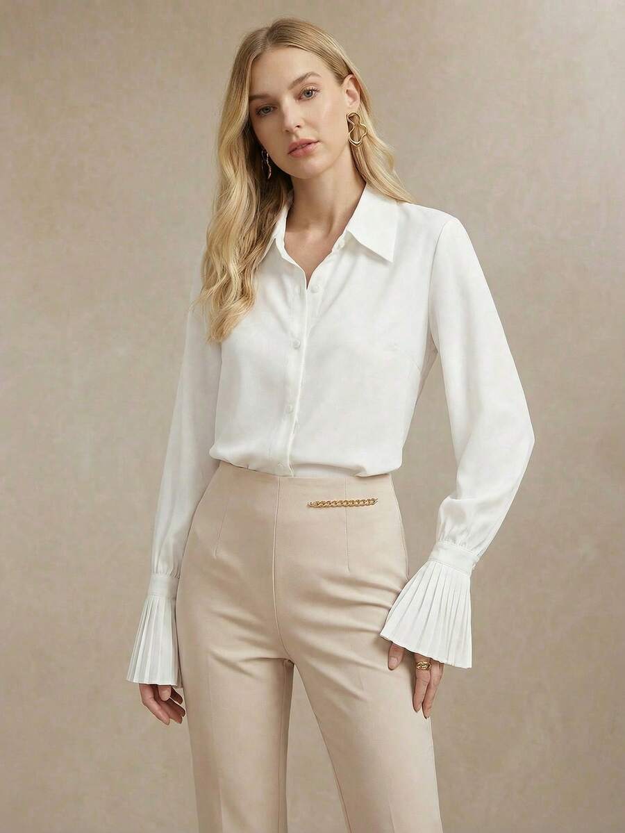 BizChic Áo sơ mi nữ dài tay màu trơn cài cúc, cổ tay loe xếp ly, phù hợp cho đi làm, công sở, trang phục thường ngày thanh lịch, hoặc làm áo kiểu công sở trang trọng. - trắng - Xem 1
