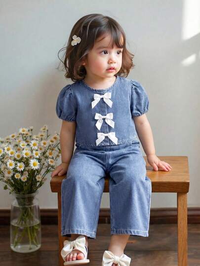 LMoss Kids 2pcs Baby Girls' White Bow Decor Denim Loose Top And Pants Set