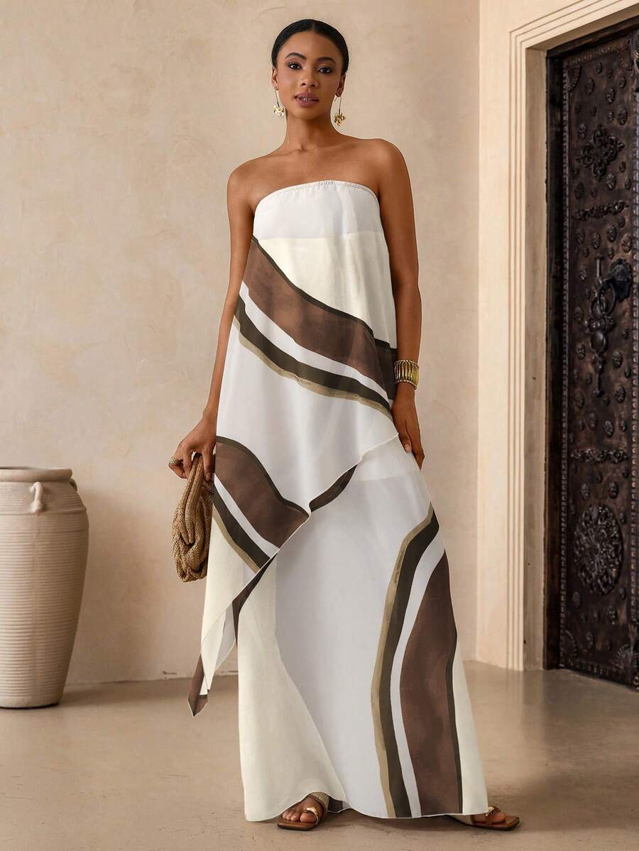 Vesra Women's White And Brown Geometric Print Strapless Maxi Dress,Asymmetric Hem Layered Summer Flowy Boho Dress For Tropical Holiday,Vacation,Holiday - Multicolor - View 1