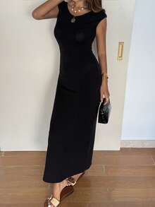 DAZY Women's Solid Color Round Neck Fitted Elegant Dress Sun Dresses For Women - Black - View 6