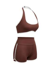 Innovista 女士撞色露背长袖上衣和短裤休闲运动套装 棕色健身套装 女士运动服 女士运动套装 女士健身套装 女士健身服套装 - 卡其色 - 查看 5