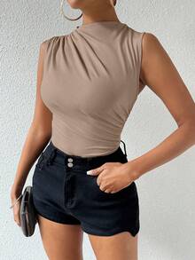 VaVaBold Women Solid Color Ruched Sleeveless Bodysuit - Khaki - View 7