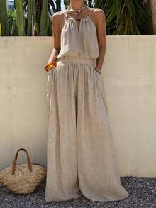 DAZY 女士宽松休闲度假风无袖上衣和阔腿裤两件套，春夏款 - 卡其色 - 查看 5