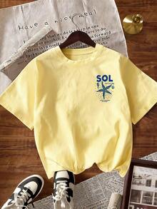 Vacation Casual Starfish & Letter Print T-Shirt - Yellow - View 2