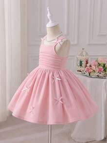 SHEIN Glamorique Kids 年轻女孩优雅迷人的紫红色无袖褶皱设计可爱蝴蝶结腰身修身蓬松连衣裙正式礼服 - 粉色 - 查看 3