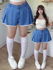 SHEIN MOD 大码夏季休闲蕾丝边褶皱牛仔短裤 - 中等水洗藍 - 查看 1