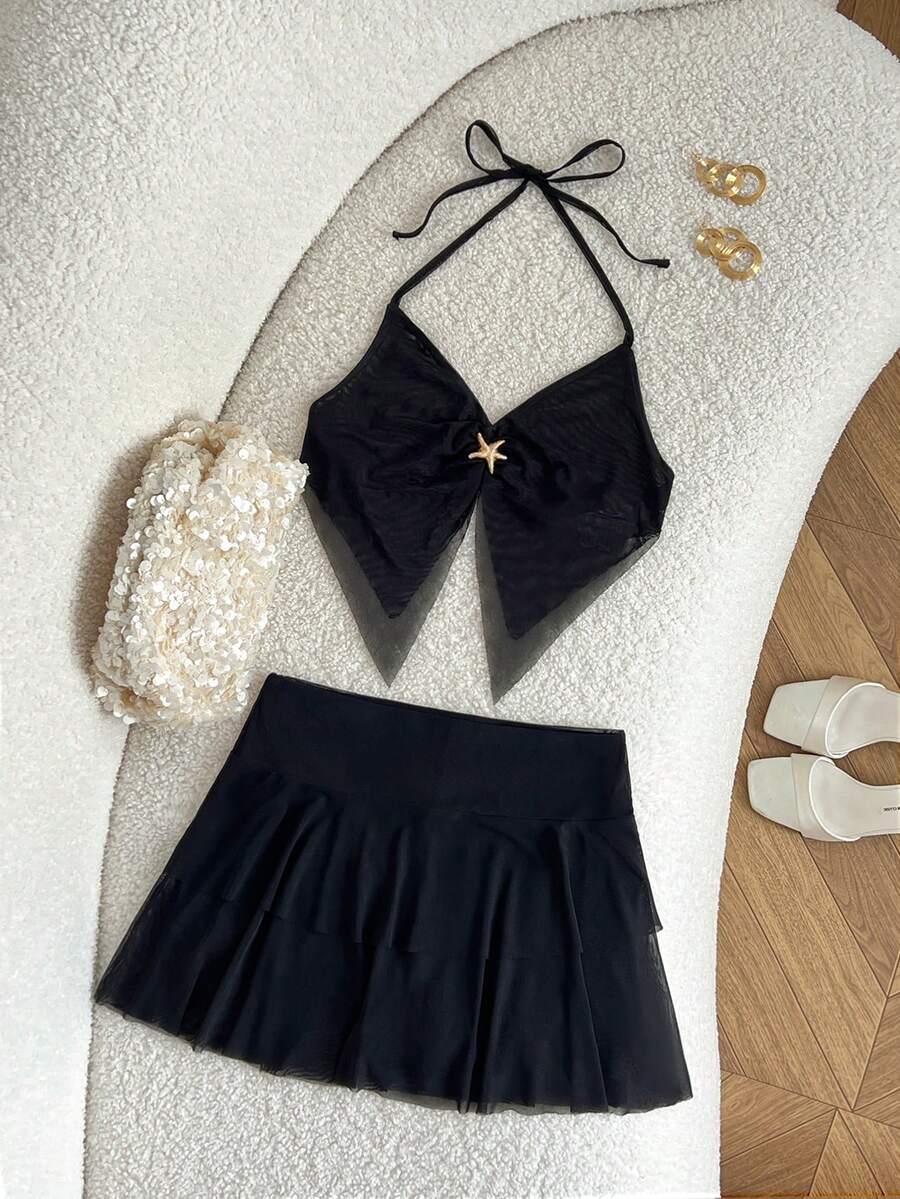 Resyla Damen einfarbiges Trägertop und Shorts Set, modisch für den Sommer - Schwarz - Übersicht 1