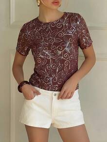 Lavishia 女士亮片装饰圆领短袖浪漫优雅衬衫 - 紫色 - 查看 1