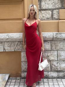 Theaadoraa Women's Sexy & Elegant Plunging Neck Backless Beaded Chain Decor Fitted Extra Long Dress, Pale Yellow,Wedding Guest Dress Women Party - Red - View 6