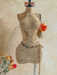 Soleia 性感露背吊带亮片镂空腰部金属装饰紧身毛衣连衣裙，波西米亚风，度假风，秋季女装，复古风，节日 - 卡其色 - 查看 4