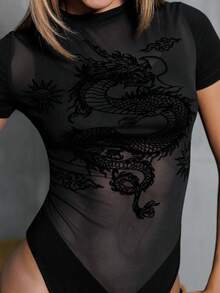 Hariany Almeida Black Graphic Going Out Grunge Sheer Fashionable Sexy Dragon Print Flocked Mesh Panel Short Sleeve Bodysuit - Black - View 3