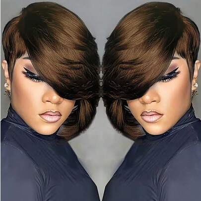 Tóc giả ngắn thẳng kiểu pixie có mái, màu nâu đậm, dài 8 inch, tóc giả thẳng nhiều lớp làm từ tóc thật, độ dày 180%, tóc giả hoàn toàn bằng máy dành cho nữ, thích hợp sử dụng hàng ngày và dự tiệc.