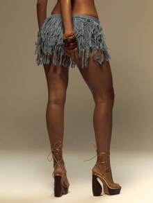 MUSERA Knitted Layered Fray Mini Skirt Summer, Vacation, Festival, Y2k Ibiza Beach Holiday Rave Night Out Winter Date Night Winter Chic Spring Carnival Vacation - Dark Grey - View 4