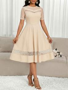 Vestido de mujer con cuello redondo, manga corta, parches de malla con estampado floral y lunares - Albaricoque - Ver 6