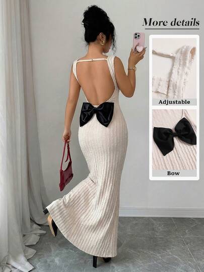 Elenzga فستان أنيق بتصميم ذيل السمكة مع تفاصيل عقدة سوداء، نسيج مُنسوج بتأثير الجاكار، مناسب للربيع والصيف