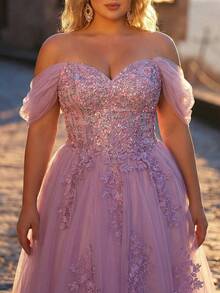 Aureia 大码优雅奢华紫色亮片刺绣网纱露肩泡泡袖贴花设计舞会礼服，适合晚宴、单身派对、约会、舞会、婚礼、度假正式场合（重工刺绣） - 紫色 - 查看 5