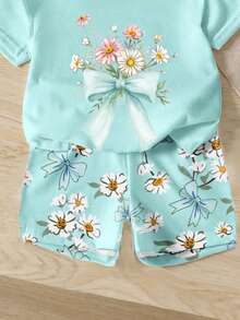 Elladie kids 女童休闲碎花蝴蝶结装饰T恤短裤套装，适合春夏穿着，甜美可爱，适合户外活动、摄影、返校、运动、节日庆典、送礼等场合。 - 彩色 - 查看 4