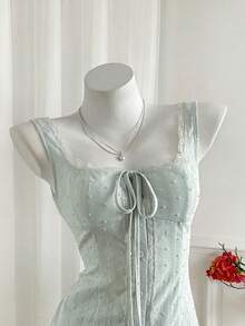 Sweetra Áo hai dây kiểu Pháp thanh lịch thêu ren dành cho nữ, có thể mặc nhiều lớp, thiết kế độc đáo, ôm sát, không tay, cổ vuông, đa năng. - màu xanh lá - Xem 5