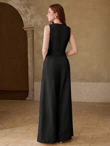 MOTF PREMIUM MONO LARGO DE PIERNA ANCHA CON DECORACIÓN DE JOYERÍA DE CUELLO EN V PROFUNDO SIN MANGAS PARA MUJER, PRIMAVERA/VERANO - Negro - Ver 3