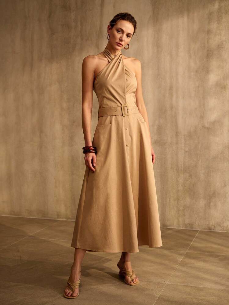 VESTIDO CASUAL ELEGANTE FEMININO DE AJUSTE FOLGADO COM GRAVATA NO PESCOÇO EM CAQUI EMAGRECEDOR