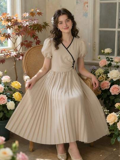 SHEIN Teen Girls' Elegant Solid Color Pleated Long Dress, Linen Fabric, Suitable For Daily, Gatherings, Weddings, Spring/Summer