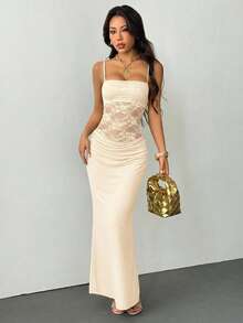 SHEIN PETITE 女士吊带蕾丝透视连衣裙，性感派对装、约会装、节日装，适合秋冬季节，可作内搭。 - 杏色 - 查看 3