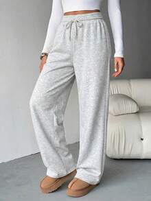 SHEIN Tall Quần thể thao nữ màu kaki dáng rộng, cạp chun, kiểu dáng thường ngày, thích hợp cho mùa hè, công sở, lễ tốt nghiệp, trang phục đi học, lễ tốt nghiệp, trang phục giáo viên nữ, trang phục trở lại trường học. - Màu Xám nhạt - Xem 5