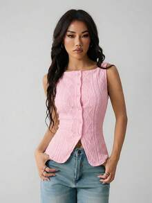 SHEIN PETITE Áo sơ mi nữ không tay, họa tiết hình học, cài một hàng khuy, chất liệu co giãn nhẹ, kiểu dáng ôm sát, thanh lịch và thời trang cho công sở, áo hai dây đơn giản, thoải mái hàng ngày, thích hợp cho mùa xuân/hè, áo không tay, kiểu cổ điển, trang phục phương Tây cho nữ. - Hồng - Xem 6