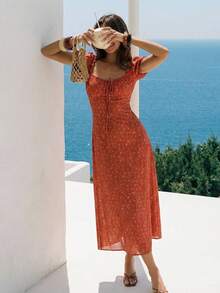 DAZY Women's Square Neck Ditsy Floral Red Puff Sleeve Midi Dress Summer Sundress - Dark Red - View 4