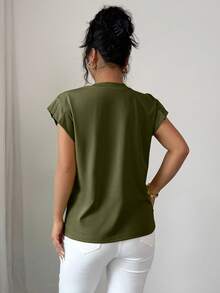 Elenzga Kaos Wanita Motif Bunga Tiga Dimensi Kontras yang Lucu untuk Musim Panas dan Gugur - Hijau Tentara - View 2