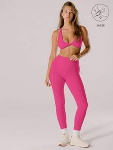 Aralina Quần legging nữ cạp cao, màu trơn, kiểu dáng thể thao thường ngày. - Hồng nhiệt đới - Xem 9