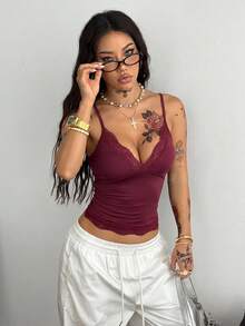 Coolane Áo tank top nữ mùa hè dễ thương, mặc hàng ngày, phối ren tương phản và nơ, dáng ôm, màu xanh dương. - Màu Đỏ Sâu - Xem 3