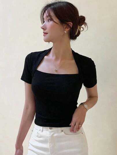 DAZY Women's Solid Color Mesh Patchwork Fitted Short Sleeve T-Shirt, Spring/Summer