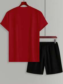 Manfinity Homme Plus Size Men's Graphic Print Red Short Sleeve T-Shirt And Drawstring Waist Shorts Casual Set - Multicolor - View 2