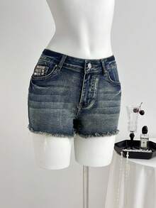 Elamini Women's Casual Denim Shorts With Pockets And Frayed Hem, Versatile For Daily Wear - Medium Wash - View 7